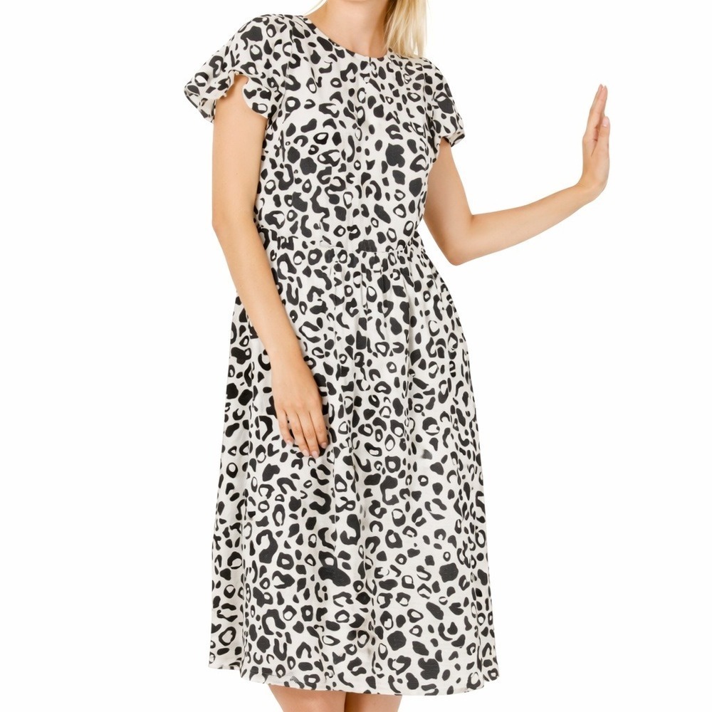 Who What Wear Womens Leopard Print Linen Blend Flutter Sleeve Midi Dress Small
